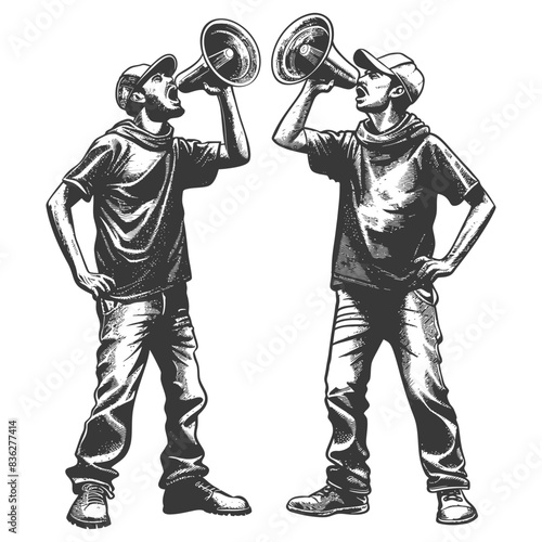 demonstrators holding loudspeaker with engraving style black color only