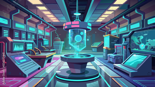 Brightly Lit Futuristic Laboratories with Holographic Displays and Sleek Designs, vector graphics