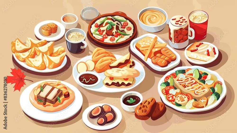 Assortment of delicious food dishes on a table, perfect for a restaurant menu or food blog. Assortment of delicious food dishes on a table, perfect for a restaurant menu or food blog.