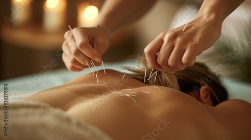 Asian woman getting acupuncture treatment on her back