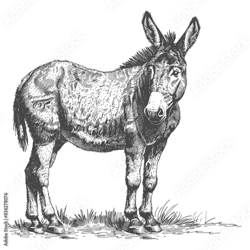 donkey animal with engraving style black color only
