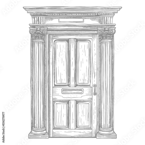 Ornate Wood Doorway Sketch: Classical Pillars & Dentil Molding, Detailed Architectural Element