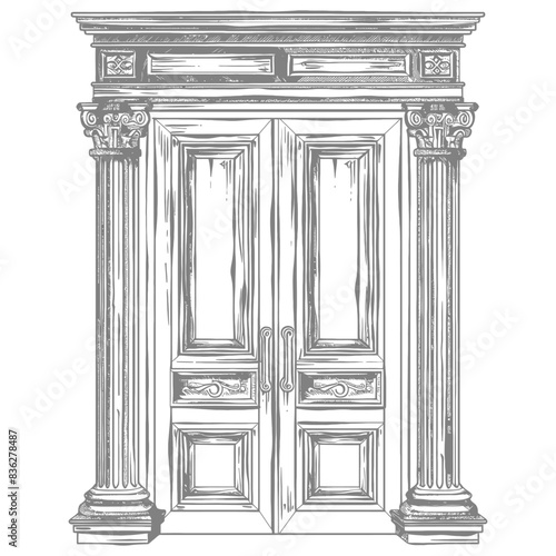 Detailed Pencil Sketch of Ornate Double Doors with Pillars and Cornice.
