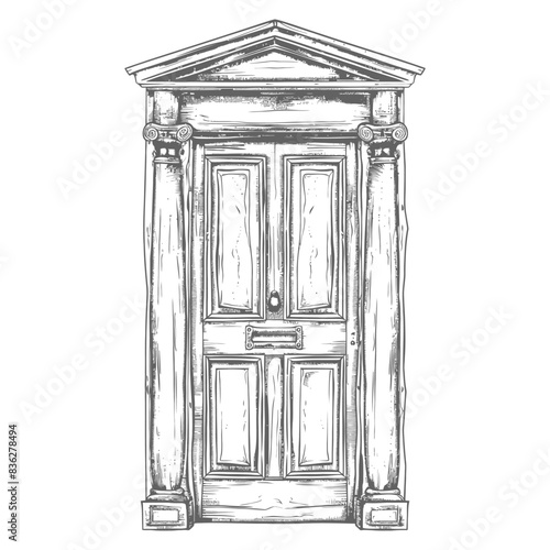 Architectural Doorway Sketch: Ornate Columns and Rectangular Panels, Detailed Graphite Illustration