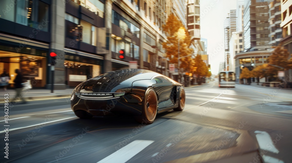 A sleek, futuristic car gliding down a smart city street, showcasing advanced autonomous driving technology. A sleek, futuristic car gliding down a smart city street, showcasing advanced autonomous driving technology.