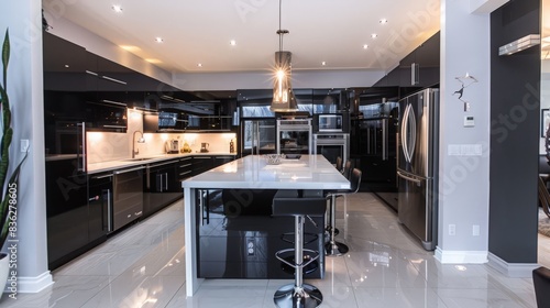 A sleek black and white kitchen with high-gloss finishes and modern lighting.