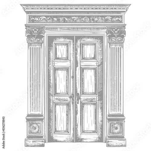 Ornate Gray Doorway: Detailed Architectural Engraving Style