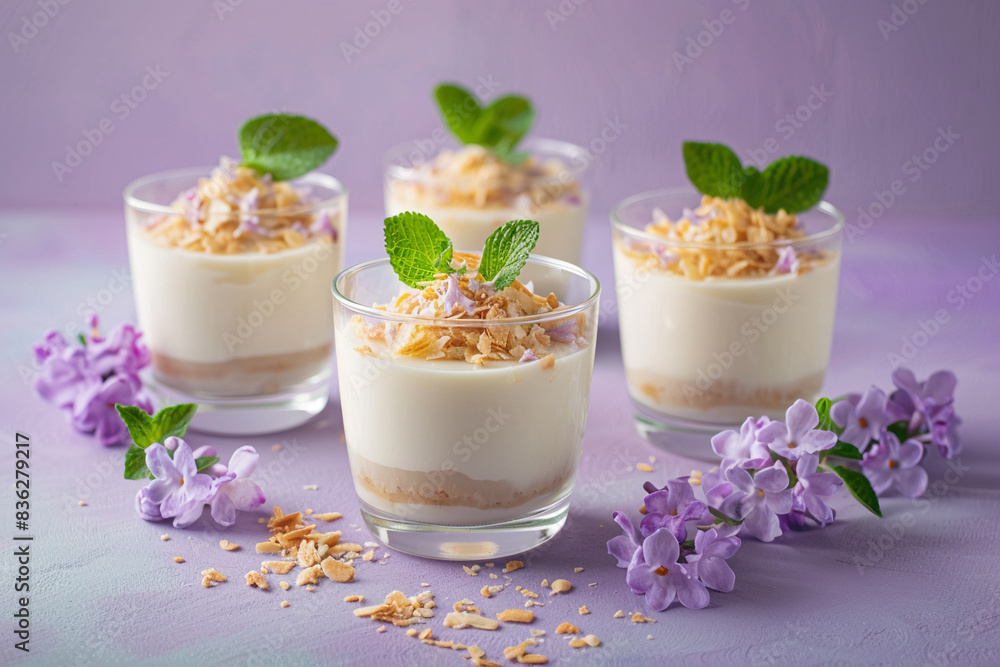 Four glasses of panna cotta dessert with almond crumble and fresh mint leaves, surrounded by lilac flowers on purple background Four glasses of panna cotta dessert with almond crumble and fresh mint leaves, surrounded by lilac flowers on purple background