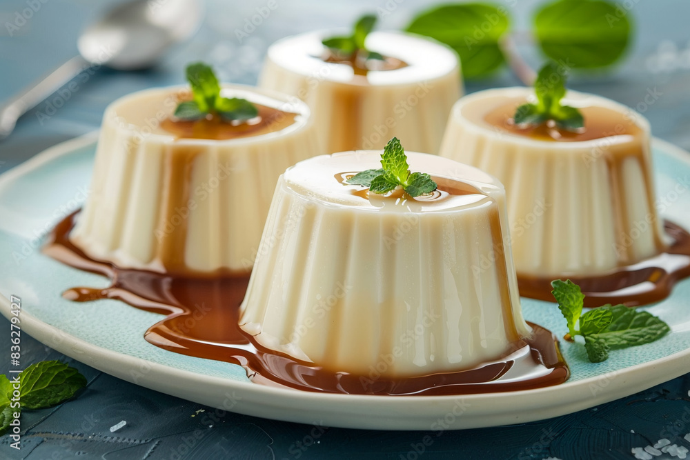 Close-up of four panna cotta desserts arranged on blue plate with caramel sauce and mint leaves Close-up of four panna cotta desserts arranged on blue plate with caramel sauce and mint leaves