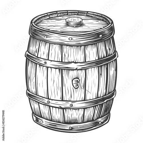 Vintage Woodcut: Rustic Wooden Barrel, Metal Bands, Detailed Engraving