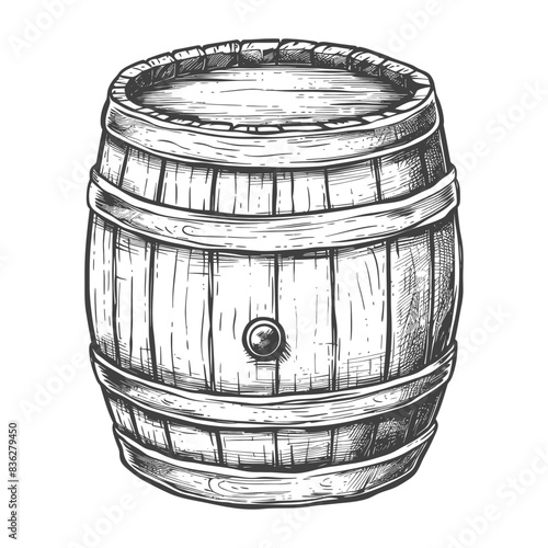 Hand-Drawn Rustic Wooden Barrel: Detailed Sketch Illustration for Vintage Wine or Whiskey Storage
