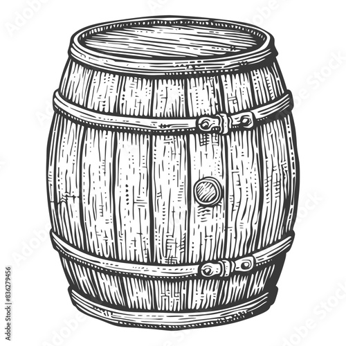 Hand-drawn oak barrel, wood grain detail, vintage engraving.