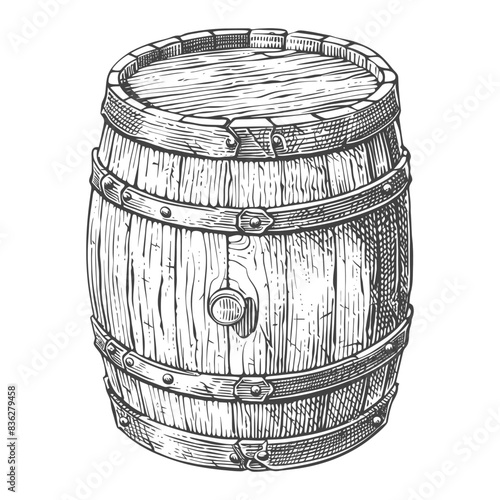 Rustic Wooden Barrel - Hand Drawn Engraving Style Illustration