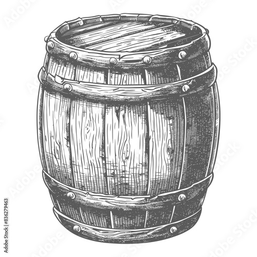 Etched Wooden Barrel: Vintage Wine Cellar Rustic Illustration