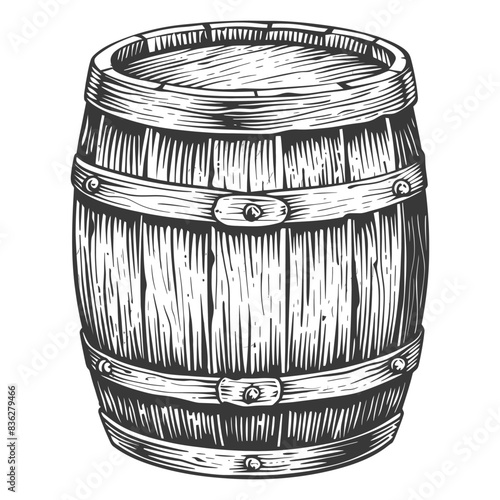 Etched Wooden Barrel: Vintage Style, Staves and Hoops, Detailed Woodgrain.
