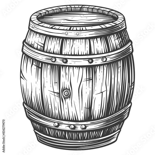 Monochrome Etched Wooden Barrel: Rustic Craftsmanship, Detailed Illustration.