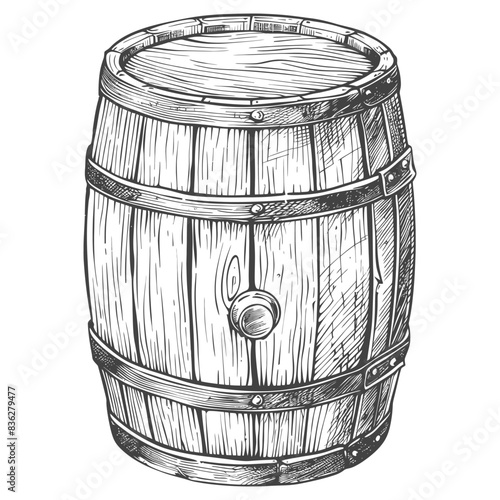Hand-Drawn Wooden Barrel: Vintage Sketch with Metal Bands and Detailed Texture