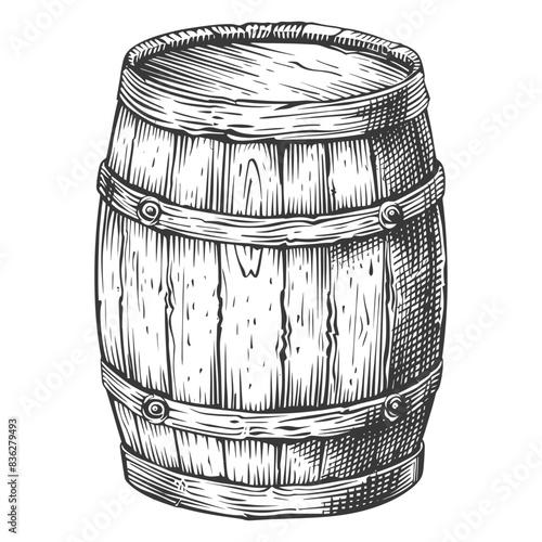 Engraved Wooden Barrel: Vintage Hatchwork Illustration, Wine Cellar Decor.