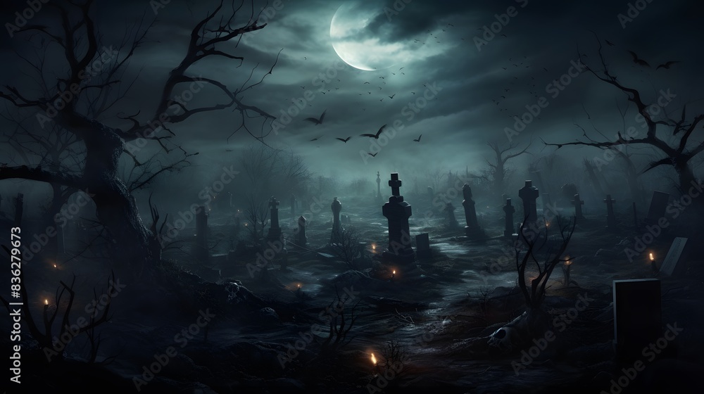 Fototapeta premium Halloween Night Mystery Graveyard Illustration
