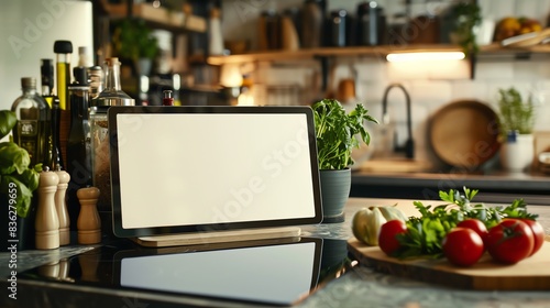 Empty digital tablet screen on a kitchen counter, with a cooking scene around, ready for recipe app mockups