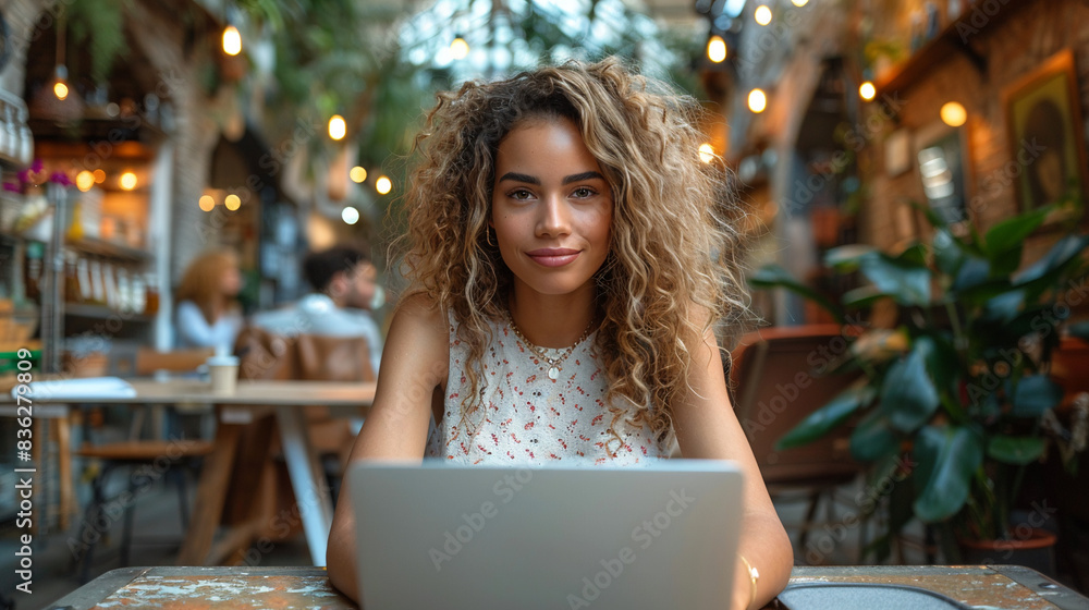 Mid-aged businesswoman sits at outdoor cafe table, working on laptop. She is wearing a floral top and has long curly hair Mid-aged businesswoman sits at outdoor cafe table, working on laptop. She is wearing a floral top and has long curly hair