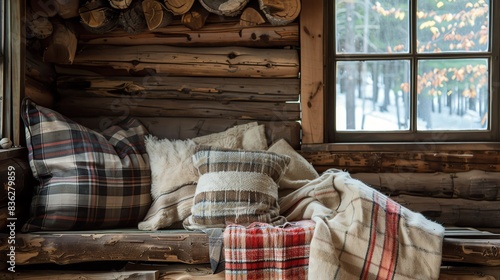 Enhance your portraits with a rustic backdrop of handhewn logs and rustic textiles for a cozy, woodland feel photo