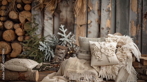 Enhance your portraits with a rustic backdrop of handhewn logs and rustic textiles for a cozy, woodland feel photo