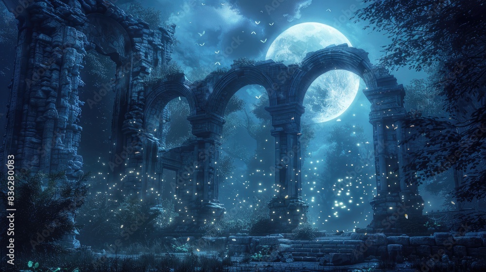 Ancient ruins bathed in moonlight, fireflies weaving through stone arches, mystical ambiance, lowangle perspective, otherworldly digital art Ancient ruins bathed in moonlight, fireflies weaving through stone arches, mystical ambiance, lowangle perspective, otherworldly digital art