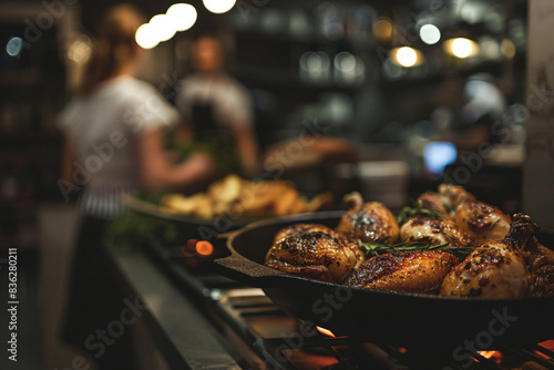 Close-up view of cast iron skillet full of delicious fried chicken cooking on stovetop in restaurant kitchen photo