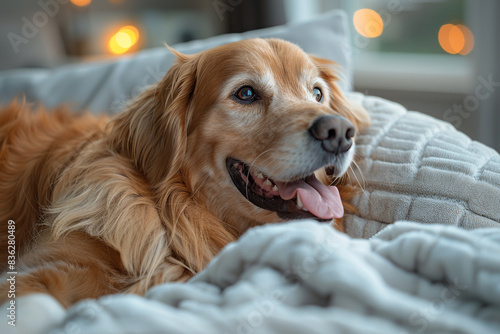 Golden retriever dog laying down on white blanket with its tongue out, looking happy and relaxed © yevhen89