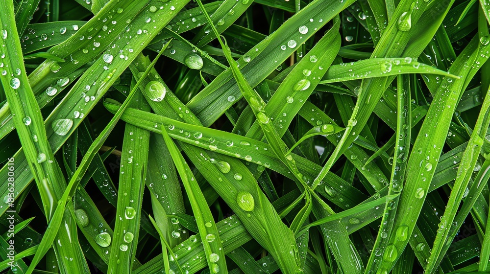 Close-up of dew drops on green grass blades.