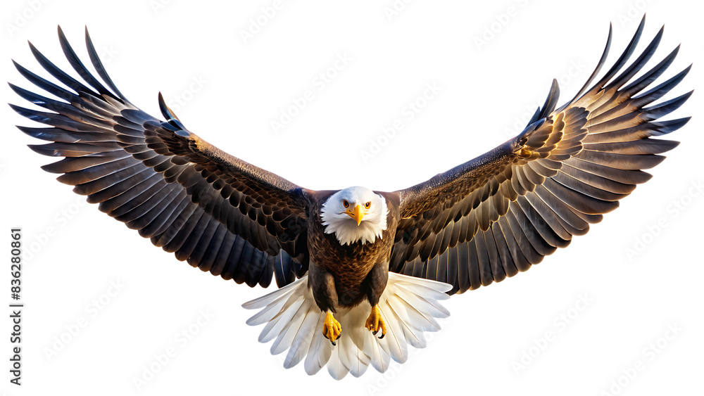 Obraz premium A spread-wing bald eagle soars in the sky. Isolated on white background. AI GENERATED