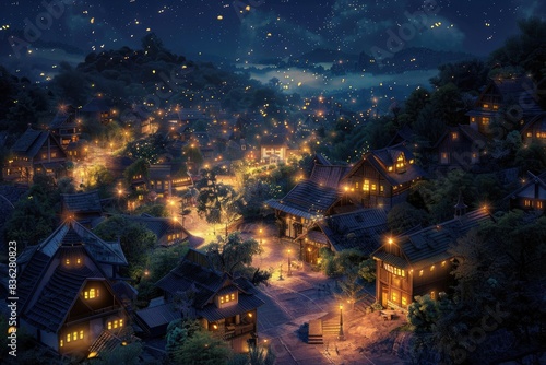 Cozy village at night, streets lit by fireflies, warm hues of cottages and stars above, aerial view, charming digital art