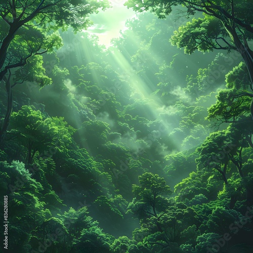 Morning mist in lush forest, perfect for nature-focused designs. 