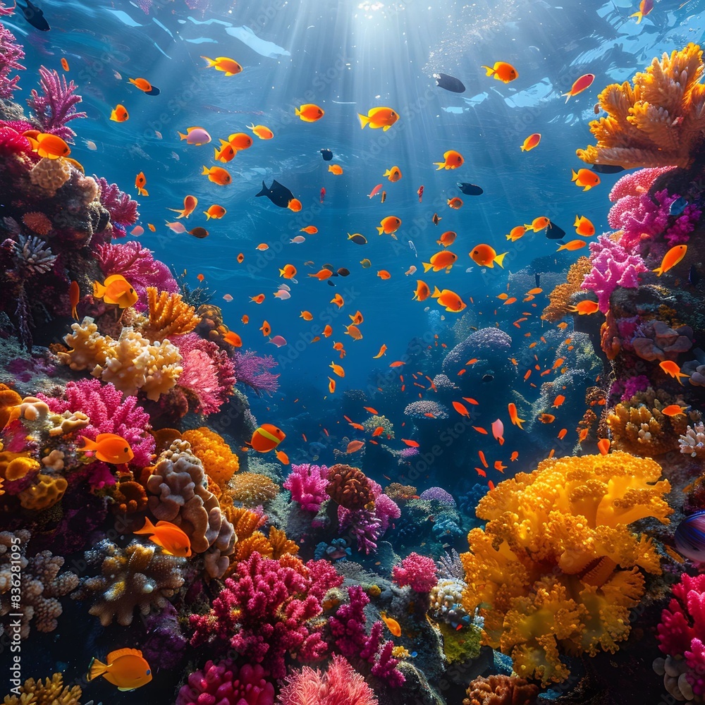 Naklejka premium Underwater wonderland: Vibrant coral reef backdrop.