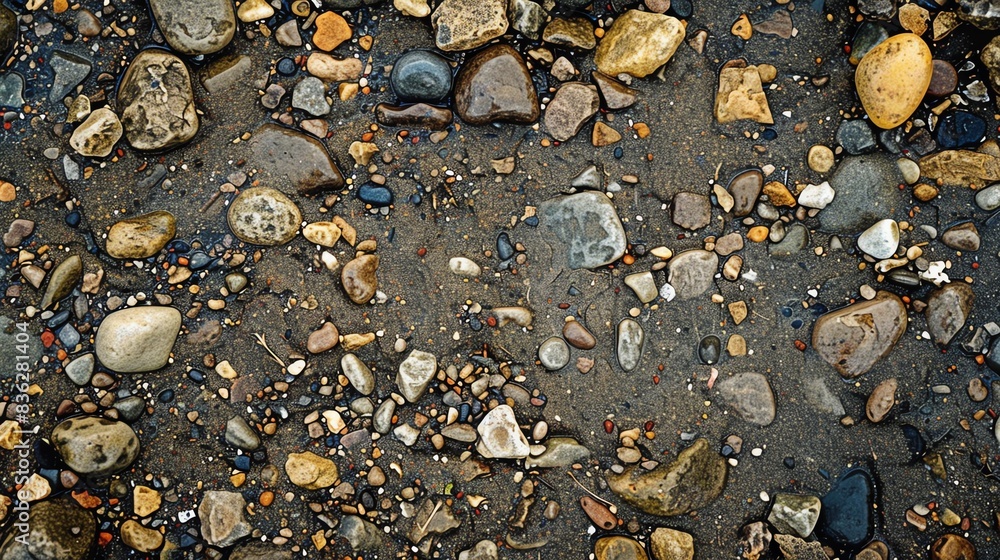 Close-up of wet pebbles and sand on a beach. Close-up of wet pebbles and sand on a beach.