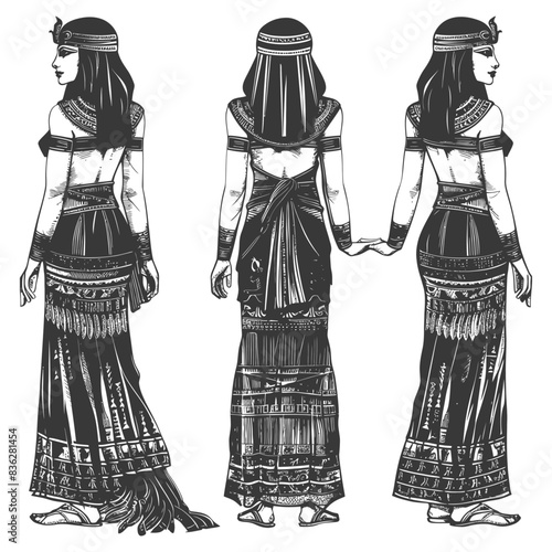Egyptian Woman Sketch: Pharaonic Dress, Full Body Views, Detailed Illustration.