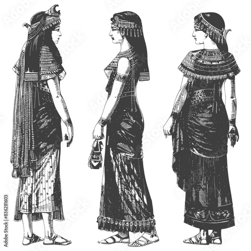 Antique Egyptian Women: Dress Styles, Headwear, and Sandals - Engraving Illustration