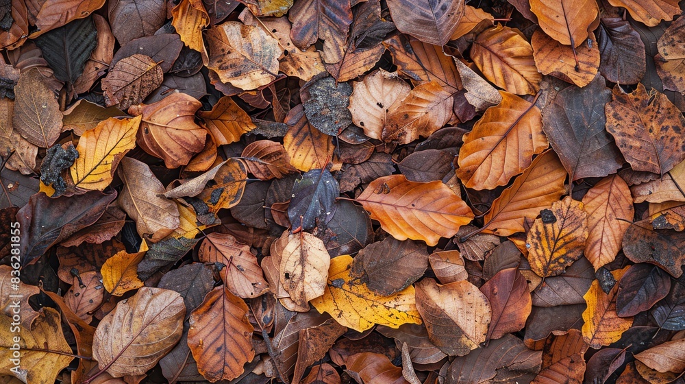 Close-up of fallen autumn leaves on the forest floor. Close-up of fallen autumn leaves on the forest floor.
