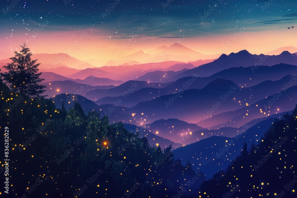 Majestic mountains silhouetted against a twilight sky, fireflies illuminate the scene, delicate glimmers, panoramic view, enchanting digital art Majestic mountains silhouetted against a twilight sky, fireflies illuminate the scene, delicate glimmers, panoramic view, enchanting digital art