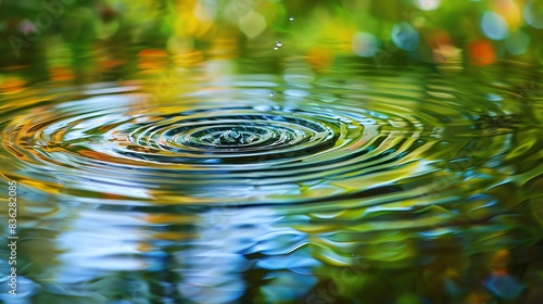 A single water drop creates ripples in a pond  with a green and blue background.