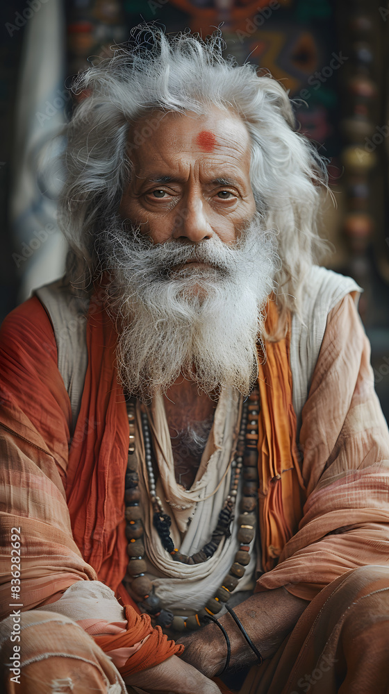 Elder with long beard and happy smile sitting, portrait photography event