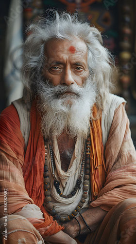 Elder with long beard and happy smile sitting, portrait photography event