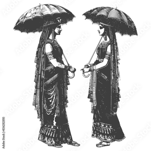 Victorian Siamese Twins: Engraving with Umbrellas.