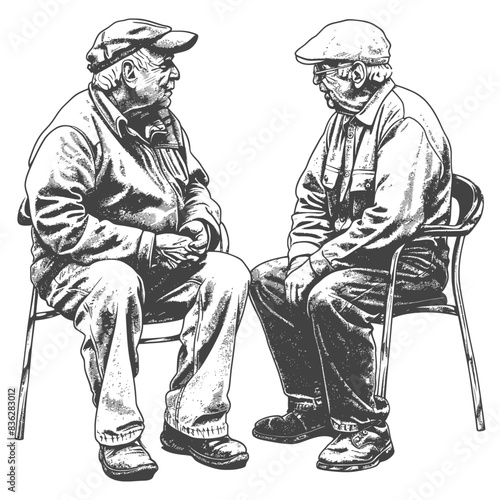 Elderly Men Conversation: Seated in Chairs, Hat-Clad, Textured Vector Illustration.