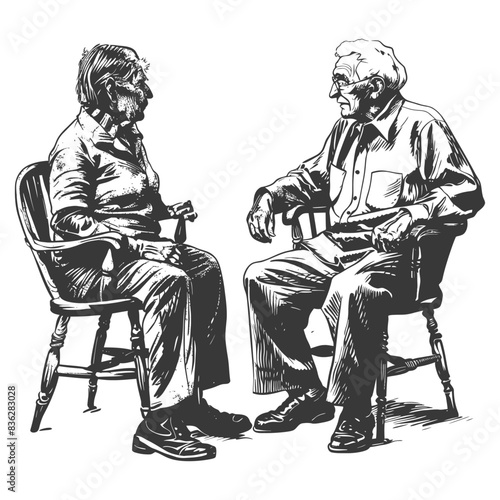 Elderly couple in armchairs, ink sketch conversation, candid moment.