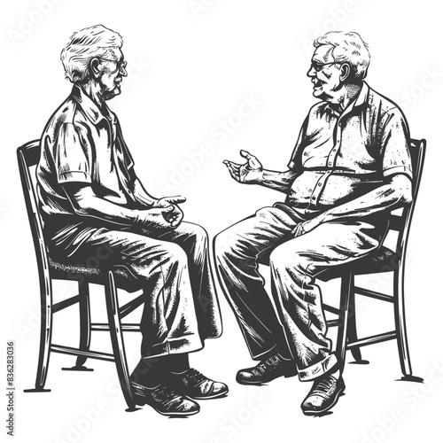 Elderly Couple in Conversation: Pen and Ink Illustration of Sharing and Connection.