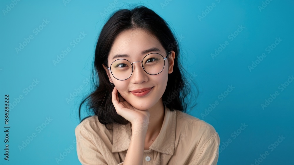 A Young Woman happy with glasses on blue background A Young Woman happy with glasses on blue background
