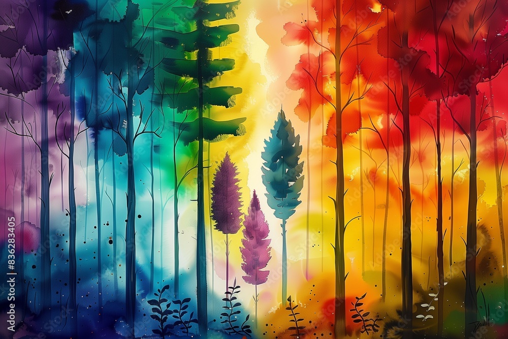 Obraz premium colorful painting of a forest with a rainbow background