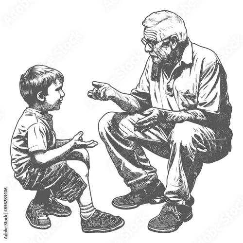 Grandfather and Grandson Squatting, Sharing Wisdom, Hand-Drawn Illustration.